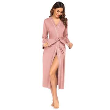 Ekouaer Women Kimono Robes Full Length Knit Bathrobe Lightweight Soft Sleepwear V-neck Casual Ladies Loungewear