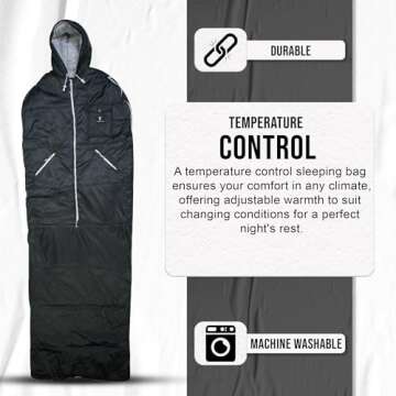 Thermotuff Wearable Sleeping Bag with Dual Hoodie, Zippered Arm Holes, Pockets & Adjustable Drawstring - Ideal for Camping, Cold Weather Hiking, and Stadium Sak Blanket (Black)