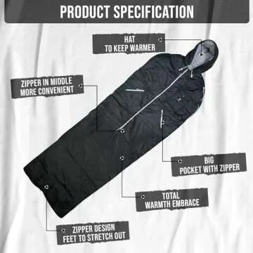 Thermotuff Wearable Sleeping Bag with Dual Hoodie, Zippered Arm Holes, Pockets & Adjustable Drawstring - Ideal for Camping, Cold Weather Hiking, and Stadium Sak Blanket (Black)