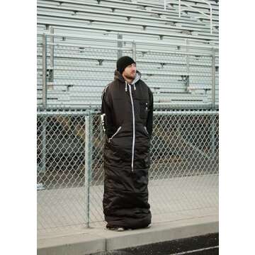 Thermotuff Wearable Sleeping Bag with Dual Hoodie, Zippered Arm Holes, Pockets & Adjustable Drawstring - Ideal for Camping, Cold Weather Hiking, and Stadium Sak Blanket (Black)