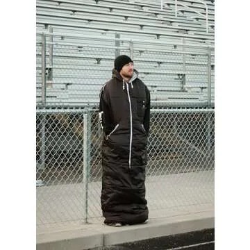 Thermotuff Wearable Sleeping Bag with Dual Hoodie, Zippered Arm Holes, Pockets & Adjustable Drawstring - Ideal for Camping, Cold Weather Hiking, and Stadium Sak Blanket (Black)