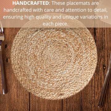 Comfy-co Jute Braided Placemats Set of 4 - Handcrafted Reversible Placemats for Wedding Parties BBQ's Everyday Holidays - 100% Jute 14 inch Round Rustic Vintage Placemats Natural