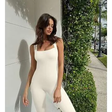 OQQ Women Yoga Jumpsuits Workout Ribbed Square Neck Sleeveless Tank Tops Exercise Jumpsuits Beige