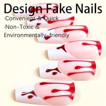 RUOKEXIN Halloween Press on Nails Medium Coffin Fake Nails White French False Nails with Red Blood D...