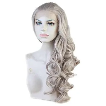 CBWIGS Long Wavy Gray Synthetic Lace Front Wigs for Women Grey Fiber Hair Wigs 20 inch