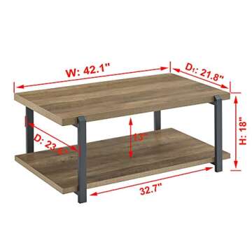 FOLUBAN Industrial Coffee Table with Shelf, Wood and Metal Rustic Cocktail Table for Living Room, Oa...