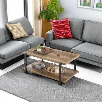 FOLUBAN Industrial Coffee Table with Shelf, Wood and Metal Rustic Cocktail Table for Living Room, Oak