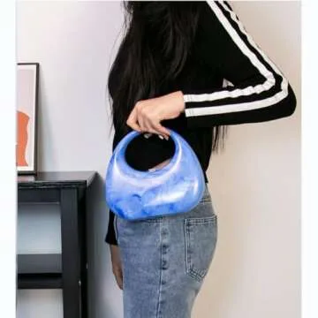 GSYPS Acrylic Evening Clutch Purse Top-handle Moon Hobo Bag, Elegant Marble Handbag for Wedding Cocktail Party A-Blue
