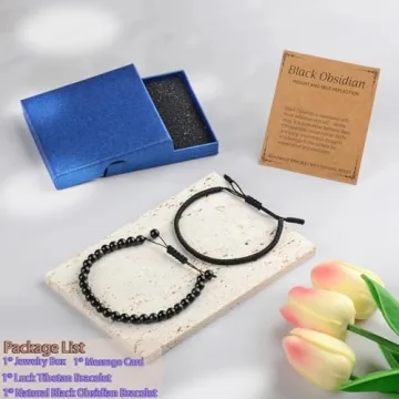 LPBeads 6mm Black Obsidian Bracelet with Handmade Rope Bracelet - Size Adjustable Crystal Gift for A...