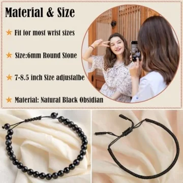 LPBeads Black Obsidian Adjustable Rope Bracelet for Healing