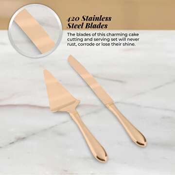 Copper Cake knife Serving set - wedding Cake Knife and Server Set -copper Rose gold Cake Cutter Knife server set With Serrated Blade for Easier Cutting-Gift Holidays, Birthdays, Wedding, Anniversary