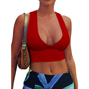 AEPEBO Sexy Crop Tops for Women Deep V Neck Back Cutout Sleeveless Racerback Top (Red, Small)
