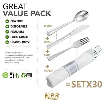 N9R Elegant Pre Rolled Silver Plastic Cutlery Set for Parties