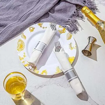 N9R Elegant Pre Rolled Silver Plastic Cutlery Set for Parties