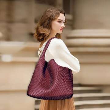 Women Vegan Leather Hand-Woven Tote Handbag Fashion Shoulder Top-handle Bag All-Match Underarm Bag with Purse
