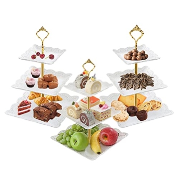 3Pcs White Square 3 Tiered Cake Stands, 3 Tier Serving Tray Cupcake Holder Dessert Stand Fruit Candy...