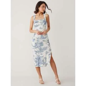 CIDER Toile de Jouy Ruched Split Maxi Dress: Blue, L