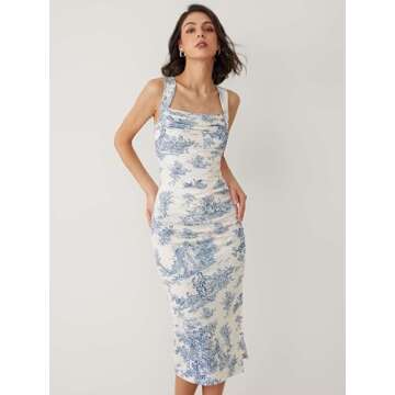 CIDER Toile de Jouy Ruched Split Maxi Dress: Blue, L