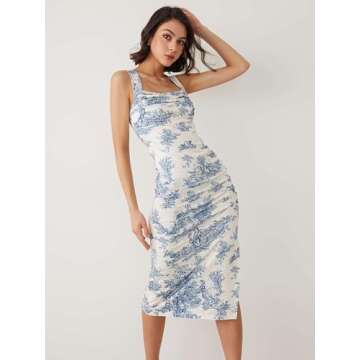 CIDER Toile de Jouy Ruched Split Maxi Dress: Blue, L