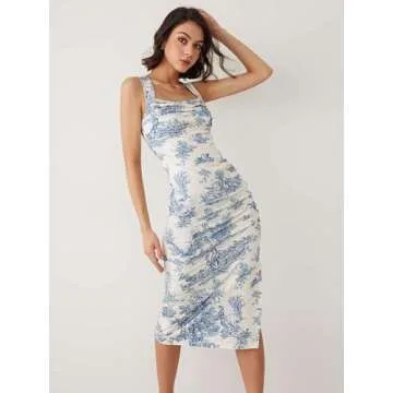 CIDER Toile de Jouy Ruched Split Maxi Dress: Blue, L
