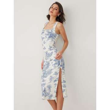 CIDER Toile de Jouy Ruched Split Maxi Dress: Blue, L