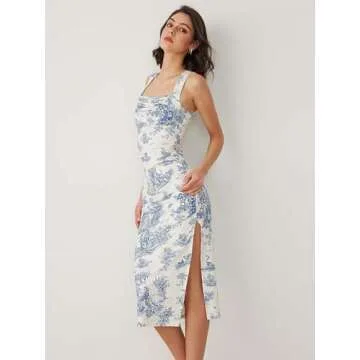 CIDER Toile de Jouy Ruched Split Maxi Dress: Blue, L