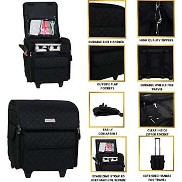Everything Mary Serger Machine Rolling Storage Case, Black - Carrying Bag For Overlock Machines - For Brother, Singer, & Juki Sergers - Organizer Tote For Sewing Thread & Supplies