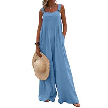 imbpceu Women 's Fashion Solid Color Jumpsuit Casual Button Wide Leg Suspender Overalls Sleeveless Rompers with Pockets Blue M