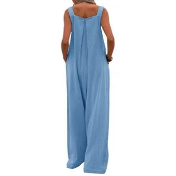 imbpceu Women 's Fashion Solid Color Jumpsuit Casual Button Wide Leg Suspender Overalls Sleeveless Rompers with Pockets Blue M