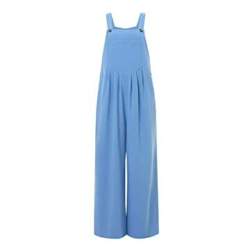 imbpceu Women 's Fashion Solid Color Jumpsuit Casual Button Wide Leg Suspender Overalls Sleeveless Rompers with Pockets Blue M