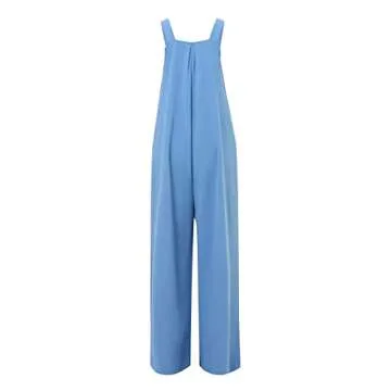 imbpceu Women 's Fashion Solid Color Jumpsuit Casual Button Wide Leg Suspender Overalls Sleeveless Rompers with Pockets Blue M