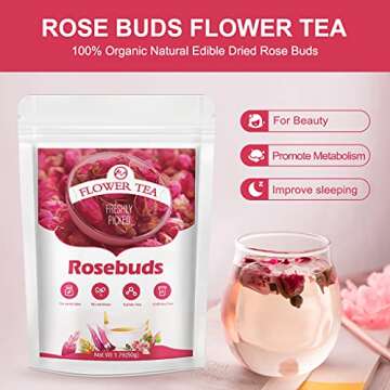 M inch Rose Buds Flower Tea - 100 percent Organic Natural Edible Dried Rose Buds Flowers for Cakes Decorating, Beauty & Promote Metabolism, 1.76 Ounce (Pack of 1)