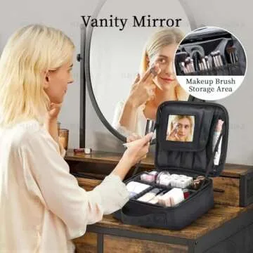 Travel Makeup Bag with Mirror, Organizer & Adjustable Dividers