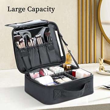 Travel Makeup Bag with Mirror, Organizer & Adjustable Dividers