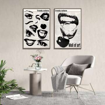 Vintage Funky Canvas Wall Art 70s Quirky Girly Eyes Lips Room Aesthetics Poster Preppy Black and White Abstract Prints Trendy Downtown Girl Room Wall Decor for living rooms, beautiful bedrooms, dining
