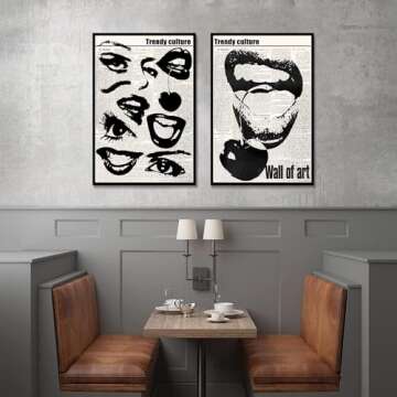 Vintage Funky Canvas Wall Art 70s Quirky Girly Eyes Lips Room Aesthetics Poster Preppy Black and White Abstract Prints Trendy Downtown Girl Room Wall Decor for living rooms, beautiful bedrooms, dining