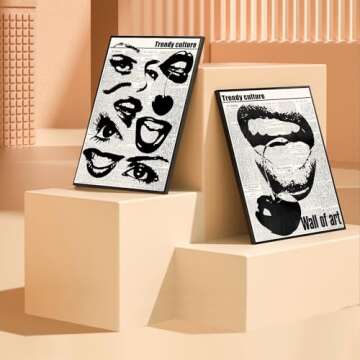 Vintage Funky Canvas Wall Art 70s Quirky Girly Eyes Lips Room Aesthetics Poster Preppy Black and White Abstract Prints Trendy Downtown Girl Room Wall Decor for living rooms, beautiful bedrooms, dining
