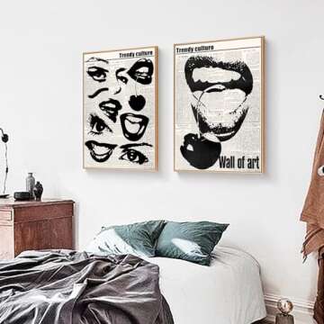 Vintage Funky Canvas Wall Art 70s Quirky Girly Eyes Lips Room Aesthetics Poster Preppy Black and White Abstract Prints Trendy Downtown Girl Room Wall Decor for living rooms, beautiful bedrooms, dining