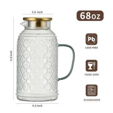Buaic Glass Pitcher with Lid, 2 PACK 68 oz/2 Liter Vintage Water Pitcher, Clear Borosilicate Glass Water Carafe for Cold Brew, Coffee, Lemonade, Iced Sun Tea,Beverage, Heat Resistant Water Glass Jug