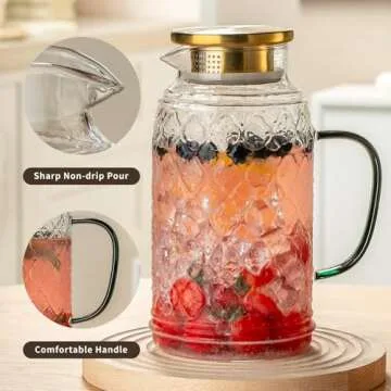 Buaic Glass Pitcher with Lid, 2 PACK 68 oz/2 Liter Vintage Water Pitcher, Clear Borosilicate Glass Water Carafe for Cold Brew, Coffee, Lemonade, Iced Sun Tea,Beverage, Heat Resistant Water Glass Jug