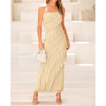 BTFBM Women Summer Elegant Strapless Midi Ruched Bodycon Dress Solid Color Stretch Mesh Slim Party C...