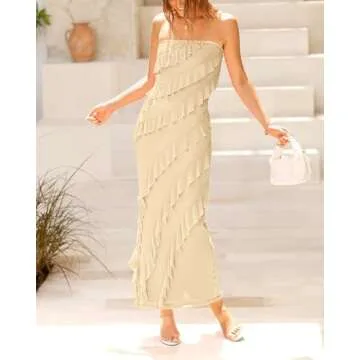 BTFBM Women Summer Elegant Strapless Midi Ruched Bodycon Dress Solid Color Stretch Mesh Slim Party Cocktail Dresses