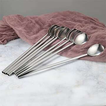Silverora 8-piece Stainless Steel Reusable Spoon Straws, 2 in 1 Cocktail Milkshake Drinking Stirring Straw Spoons with 2 Pieces Long Cleaning Brush [Silver]