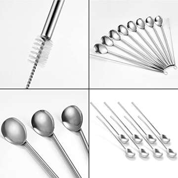 Silverora 8-piece Stainless Steel Reusable Spoon Straws, 2 in 1 Cocktail Milkshake Drinking Stirring Straw Spoons with 2 Pieces Long Cleaning Brush [Silver]