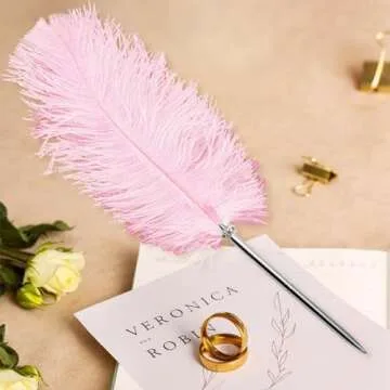 Rgontar Feather Pen Black Ink Ballpoint Pen Wedding Signing Pen for Wedding Bridal(Pink)