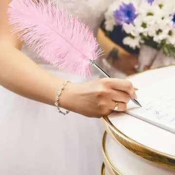 Rgontar Feather Pen Black Ink Ballpoint Pen Wedding Signing Pen for Wedding Bridal(Pink)