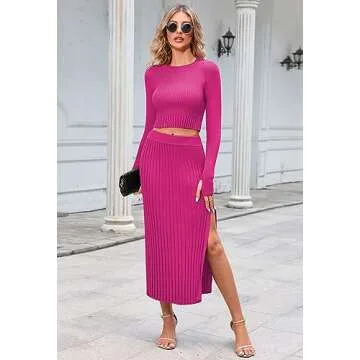 2 Piece Sweater Outfits Set Long Sleeve Crop Top Ribbed Split Bodycon Midi Long Skirt Knit Dresses Rose Red S