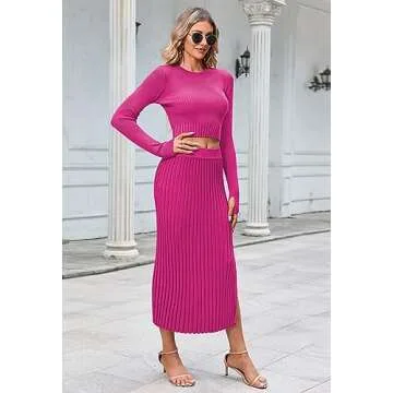 2 Piece Sweater Outfits Set Long Sleeve Crop Top Ribbed Split Bodycon Midi Long Skirt Knit Dresses Rose Red S