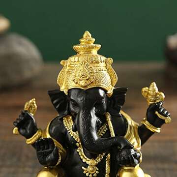 YODOOLTLY Hindu Ganesha Figurine- Indian Gold Black Lord Elephant God Ganesha Idol Statue Buddha Sculpture for Home Car Decor
