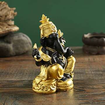 YODOOLTLY Hindu Ganesha Figurine- Indian Gold Black Lord Elephant God Ganesha Idol Statue Buddha Sculpture for Home Car Decor